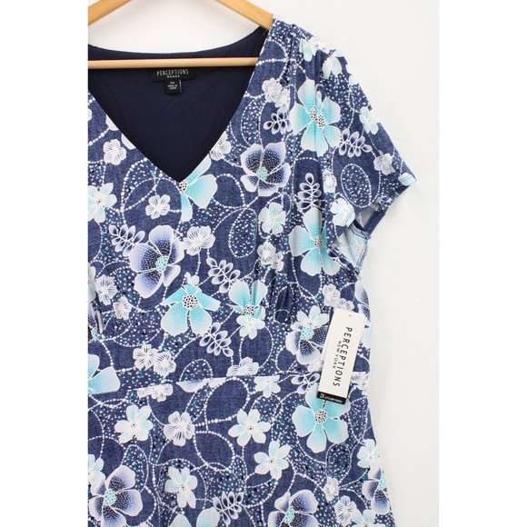 Perceptions New York Dress Womens Blue Floral Short Sleeve Denim/Turo V Neck 2XL - Picture 2 of 10